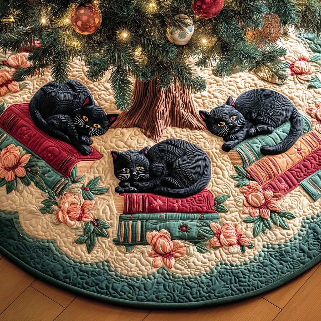 Book Nook Cat Christmas Quilted Tree Skirt NCU0ND007