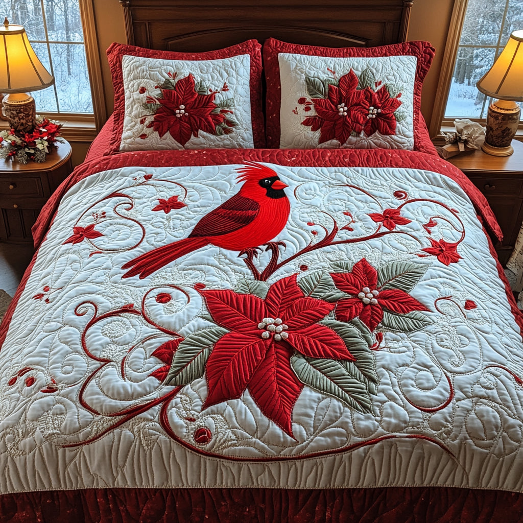 Cardinal Poinsettia Delight 3-Piece Quilted Bedding Set NCU0DV1806