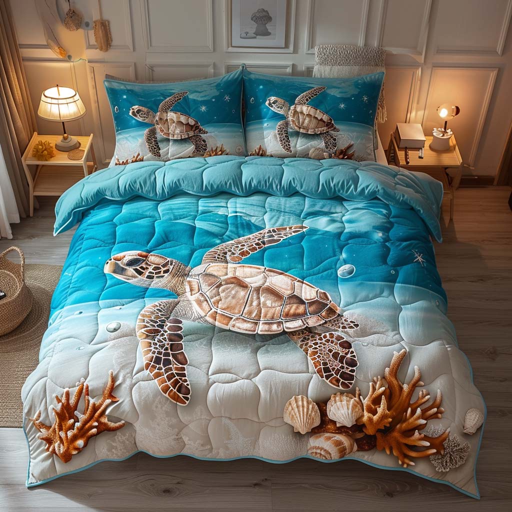 Coastal Serenity Turtle 3-Piece Quilted Bedding Set NCU0QQ033