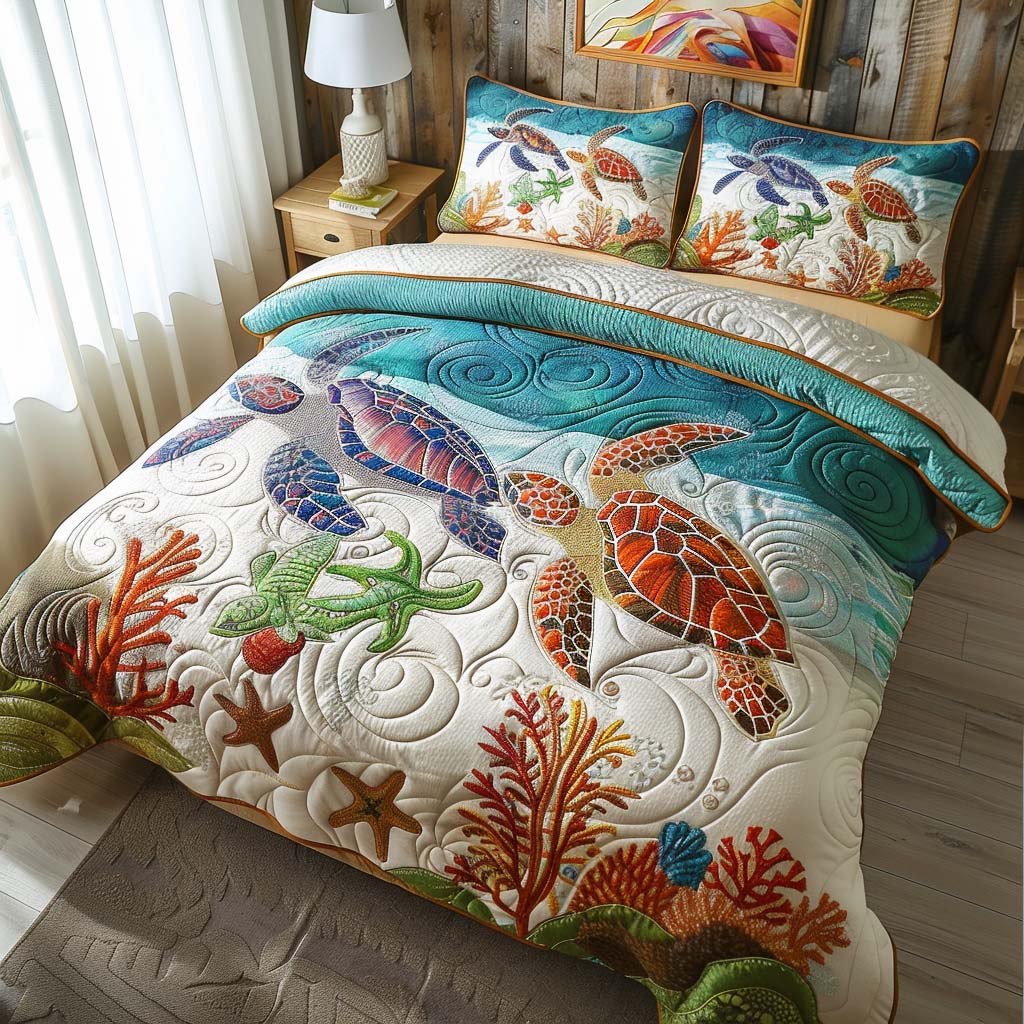Coral Reef Turtle 3-Piece Quilted Bedding Set NCU0QQ005