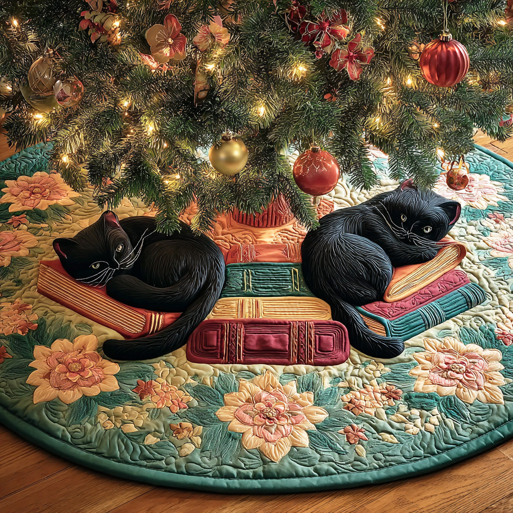 Cozy Library Cat Christmas Quilted Tree Skirt NCU0ND008