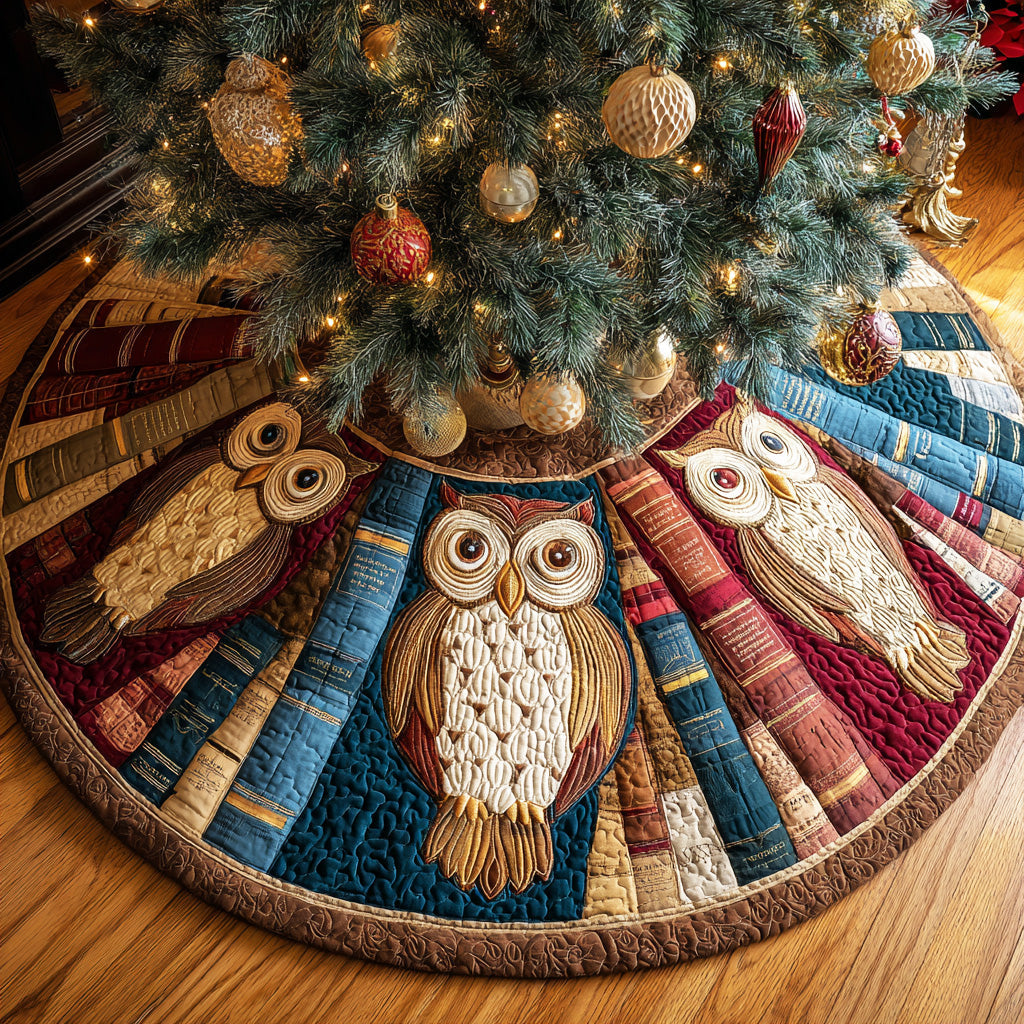 Cozy Reading Owl Christmas Quilted Tree Skirt NCU0ND006