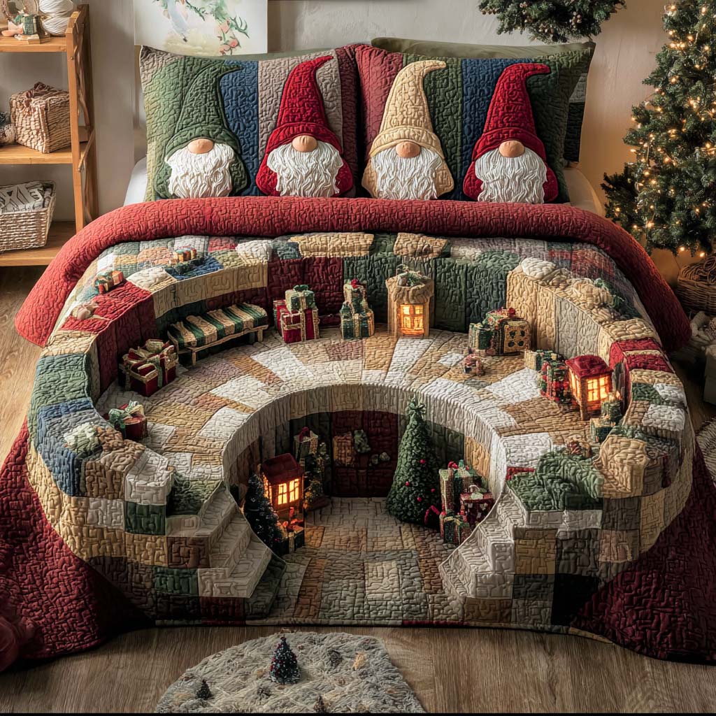 Festive Gnome Cozy Haven 3-Piece Quilted Bedding Set NCU0NL252
