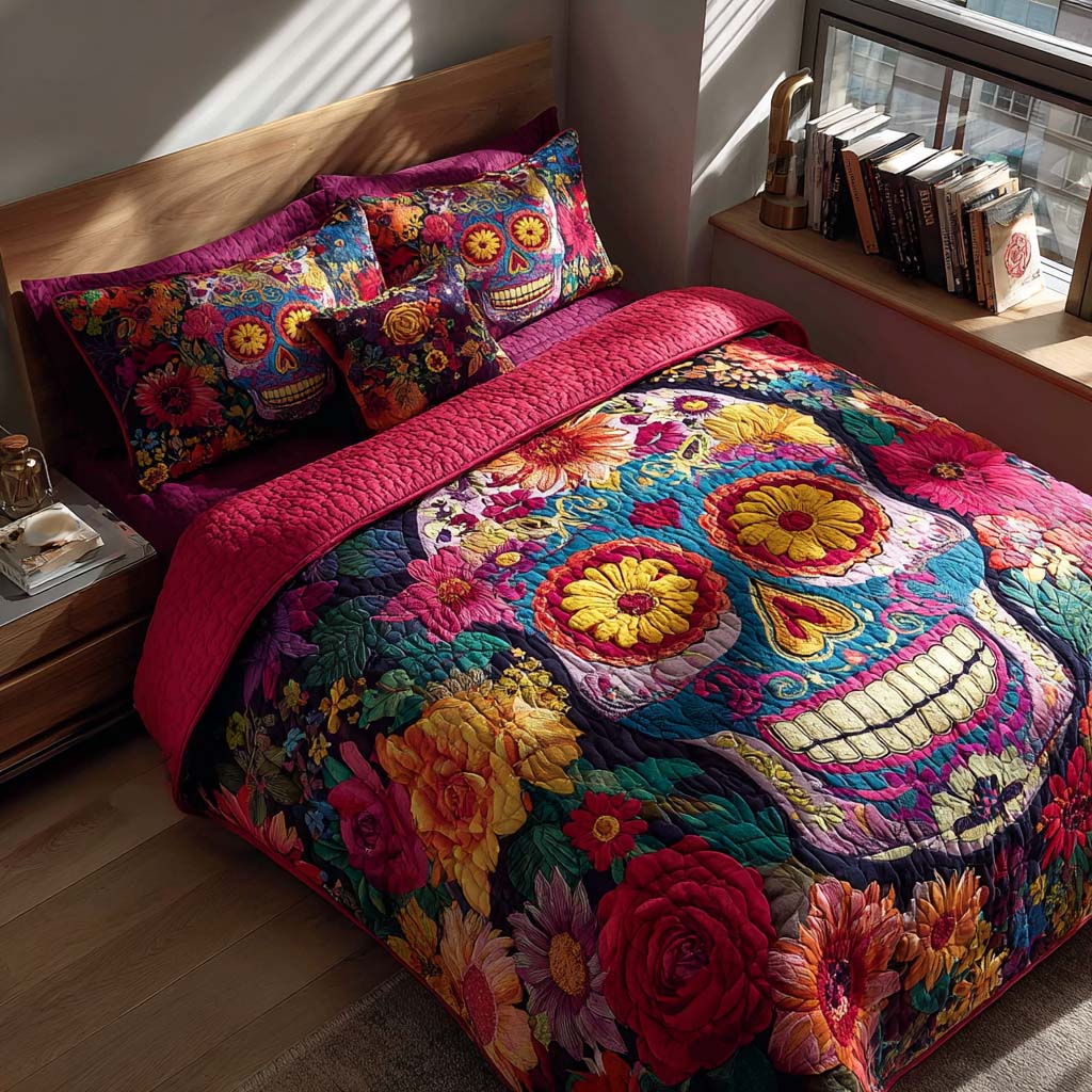 Floral Fiesta Skull 3-Piece Quilted Bedding Set NCU0QQ008