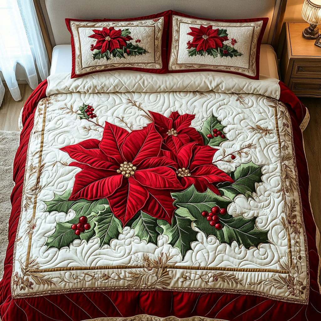 Frosted Poinsettia 3-Piece Quilted Bedding Set NCU0DV1808