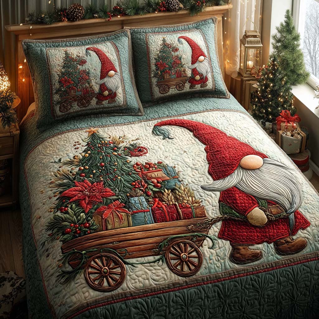 Gnome Christmas Wagon 3-Piece Quilted Bedding Set NCU0QQ098