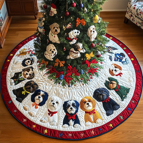 Merry Shih Tzu Wishes Christmas Quilted Tree Skirt NCU0DV1584