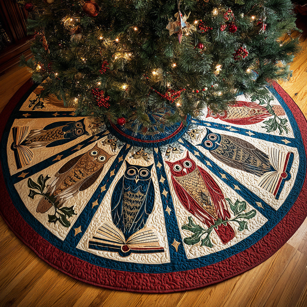 Moonlit Scholar Owl Christmas Quilted Tree Skirt NCU0ND005