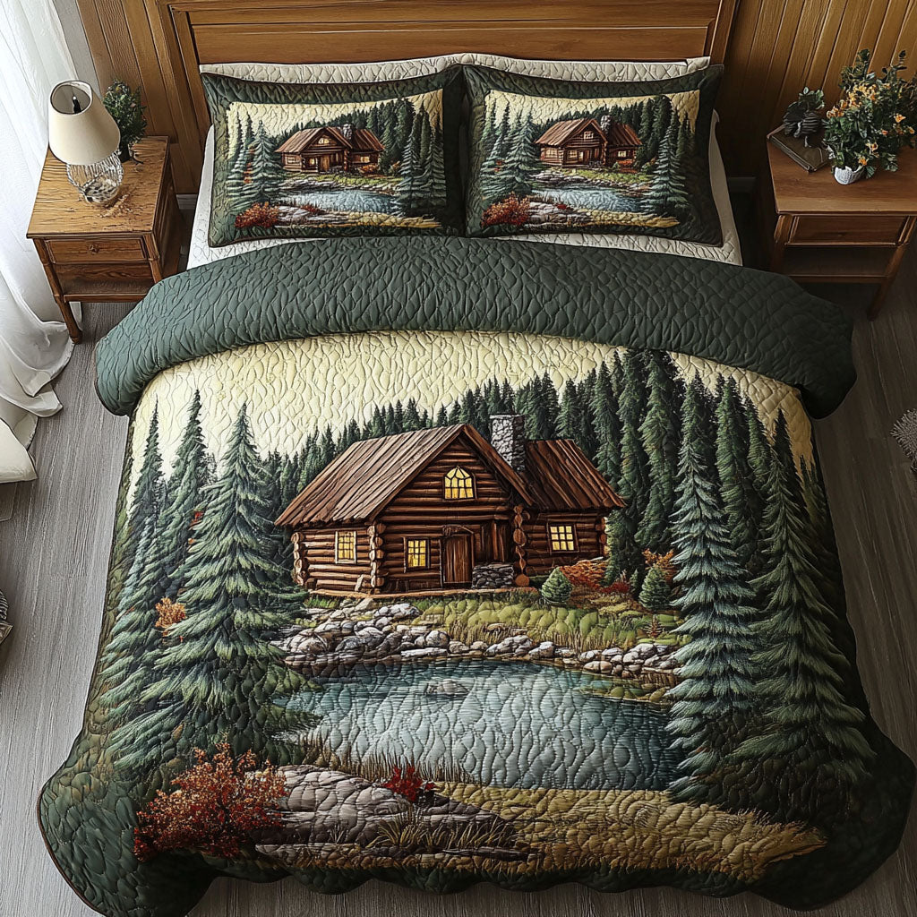 Mountain Log Cabin 3-Piece Quilted Bedding Set NCU0DK3579