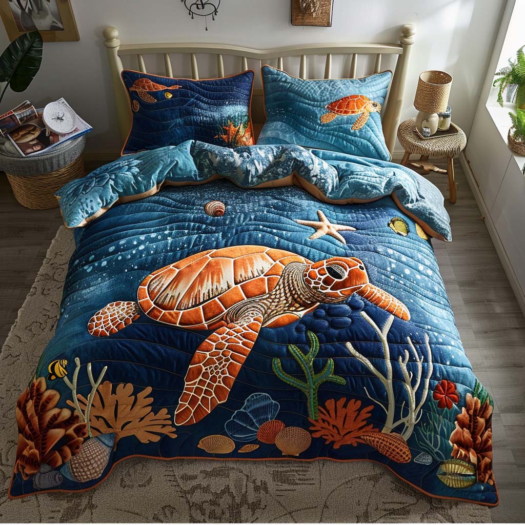 Ocean Floor Turtle 3-Piece Quilted Bedding Set NCU0QQ001