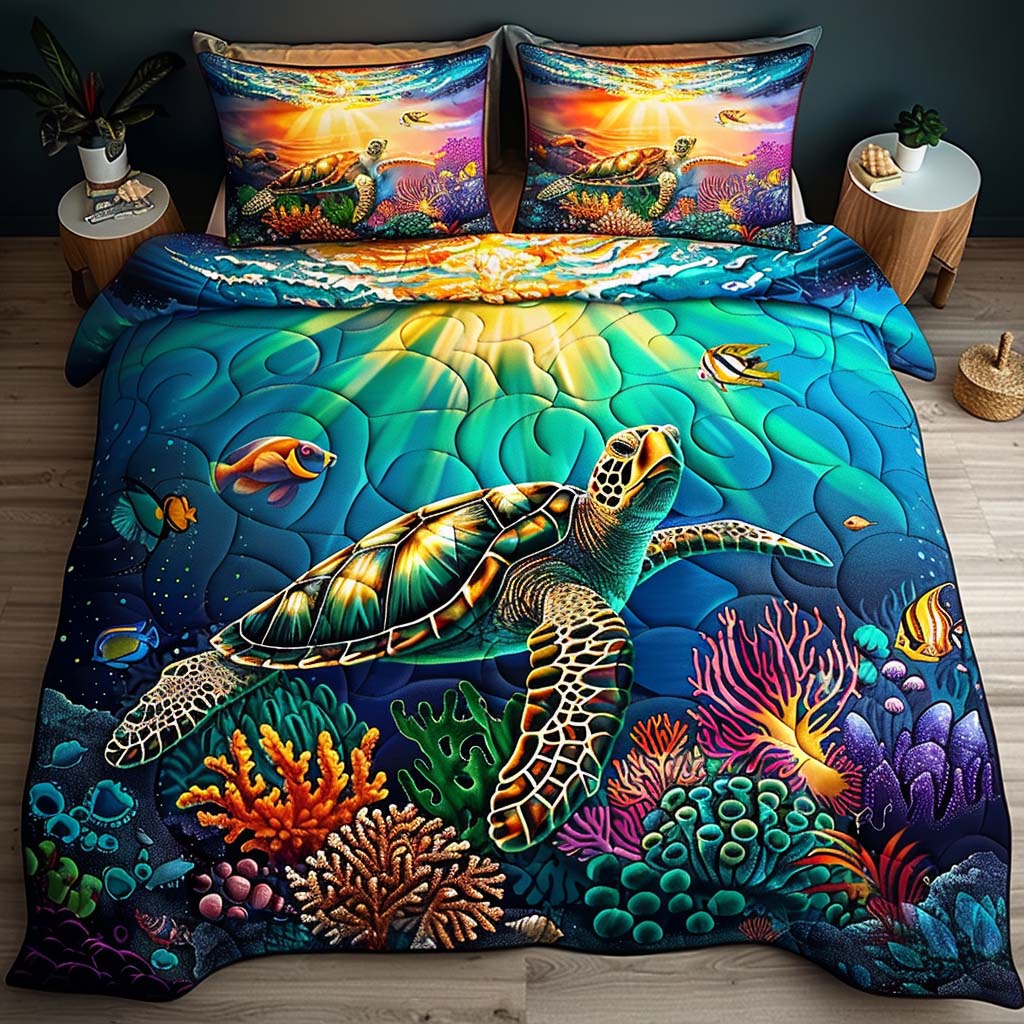 Ocean Glow Turtle 3-Piece Quilted Bedding Set NCU0QQ032