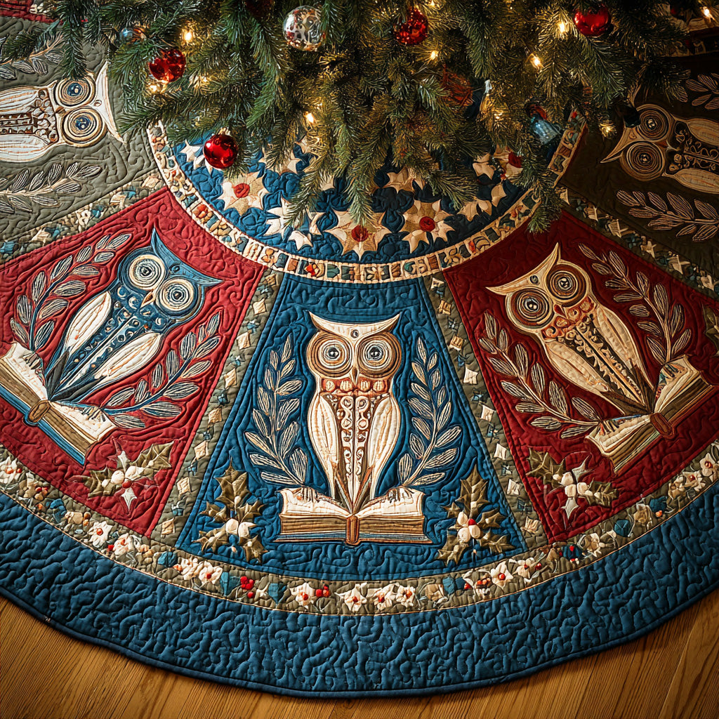 Old Book Owl Christmas Quilted Tree Skirt NCU0ND004