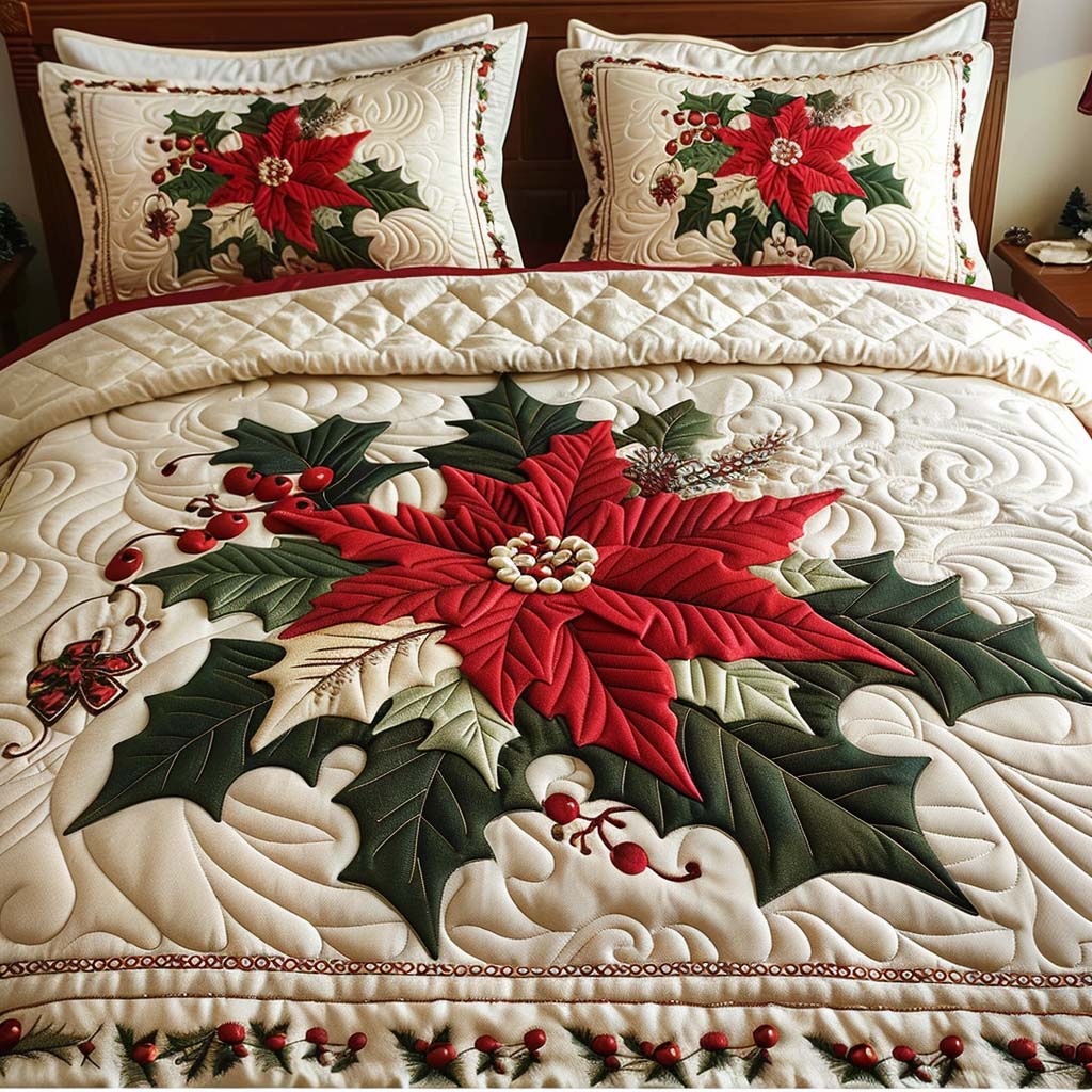 Poinsettia Bloom Quilt 3-Piece Quilted Bedding Set NCU0QQ042
