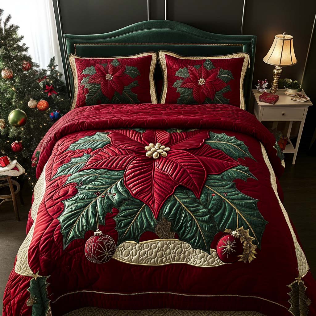 Poinsettia Glory 3-Piece Quilted Bedding Set NCU0NL027