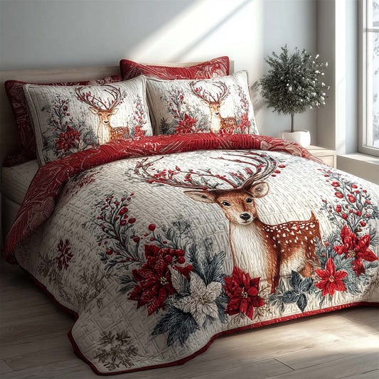 Poinsettia Reindeer 3-Piece Quilted Bedding Set NCU0QQ131