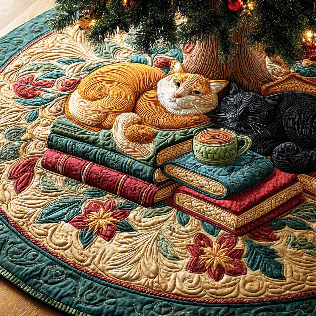Reading Corner Cat Christmas Quilted Tree Skirt NCU0ND010