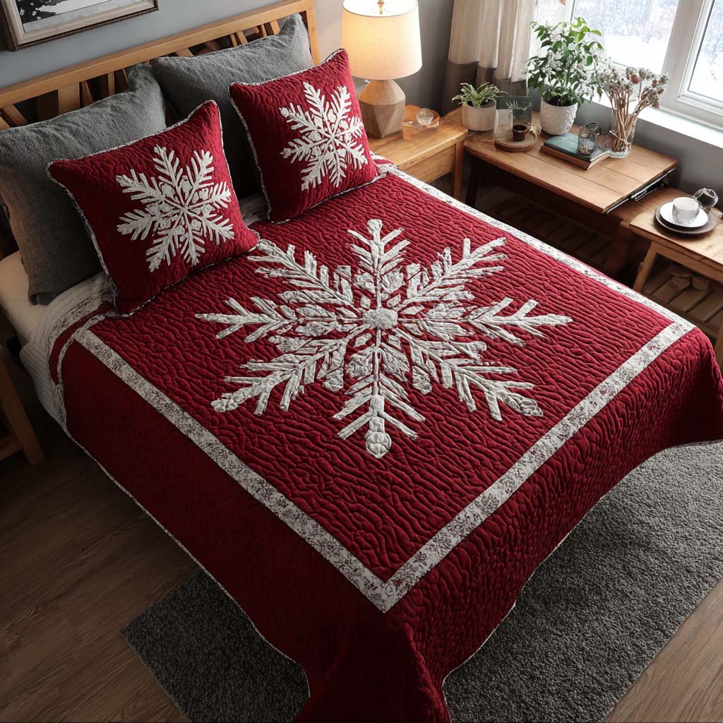 Red Winter Flake 3-Piece Quilted Bedding Set NCU0QQ129