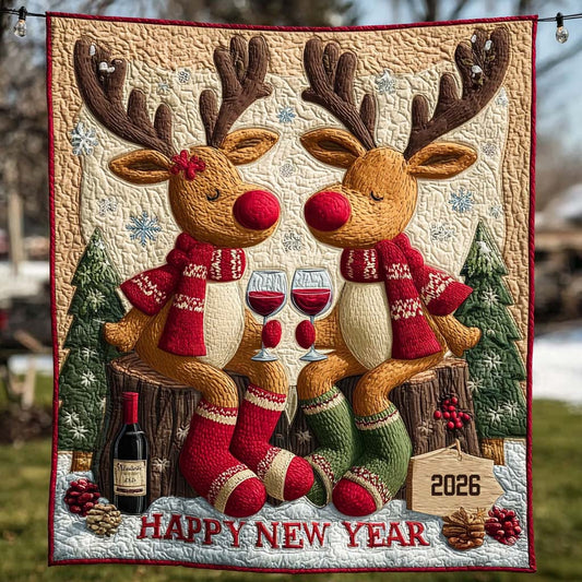 Reindeer Toast Happy New Year 2026 Quilted Blanket NCU0HT012