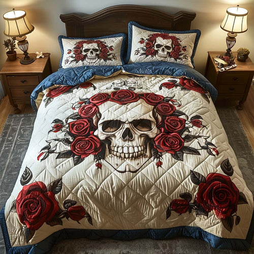 Rose Wreath Skull 3-Piece Quilted Bedding Set NCU0QQ006