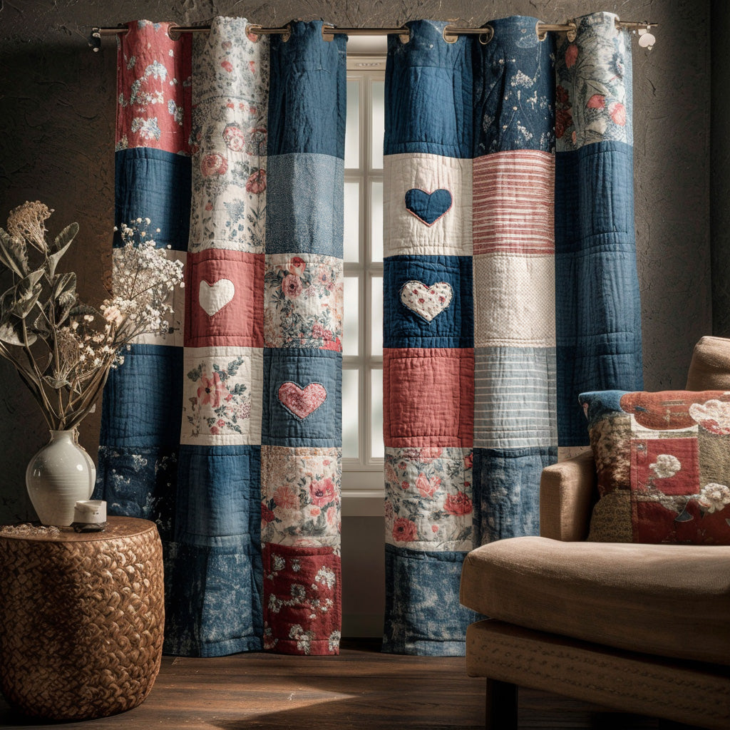 Rustic Blue Hearts Quilted Curtains NCU0DH662