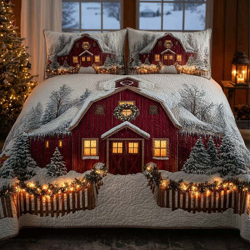 Snowfall Over the Red Barn 3-Piece Quilted Bedding Set NCU0HT007