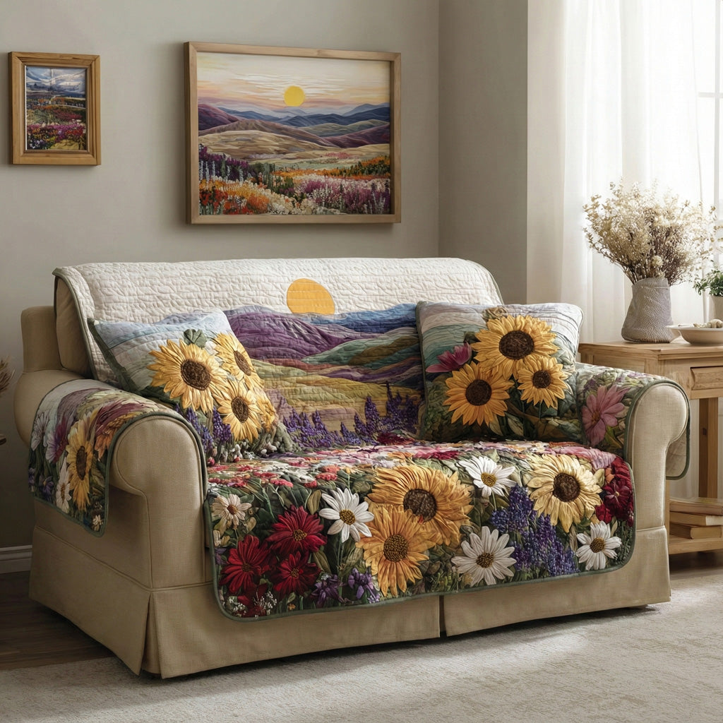 Sunflower Meadow Quilted Sofa Cover NCU0DH671