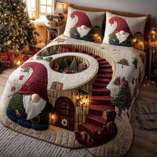 Whimsical Gnome Winter 3-Piece Quilted Bedding Set NCU0NL251