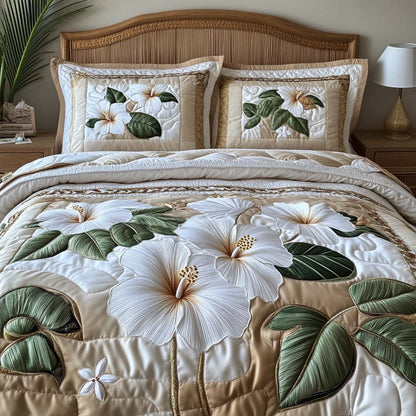 White Hibiscus 3-Piece Quilted Bedding Set NCU0DV4452
